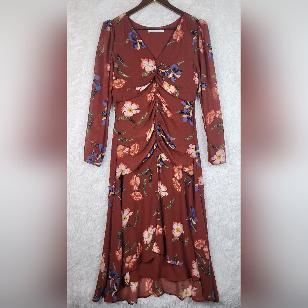ASTR The High-Low Red Floral Ruched Midi Maxi Dress Sz L Asymmetrical